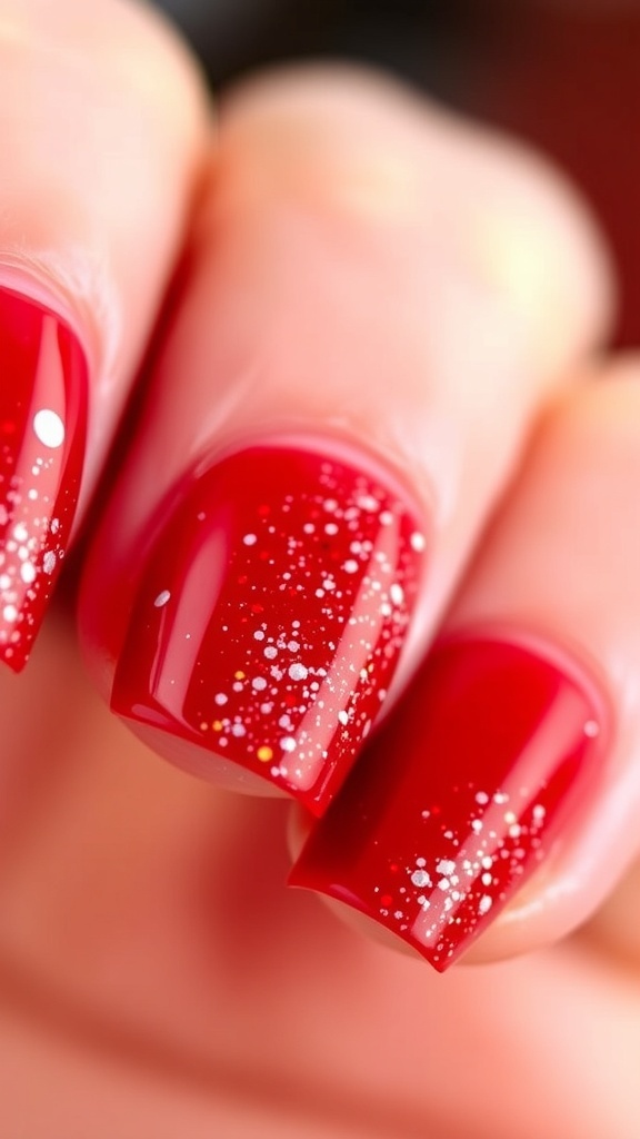 Red Christmas Nails with Encapsulation Close-up of red Christmas nails with encapsulated glitter and sequins, showcasing festive nail art.